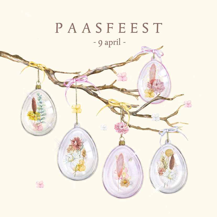 Paaskaart uitnodiging tak glazen eieren droogbloemen - Paaskaarten Paaskaarten - Paaskaart uitnodiging tak glazen eieren droogbloemen