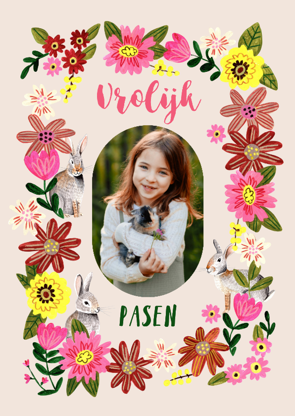 Paaskaart vrolijk pasen bloemen en paashaasjes - Paaskaarten Paaskaarten - Paaskaart vrolijk pasen bloemen en paashaasjes