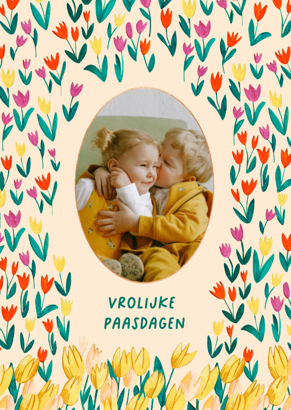 Paaskaart vrolijk pasen bloemen tulpen - Paaskaarten Paaskaarten - Paaskaart vrolijk pasen bloemen tulpen