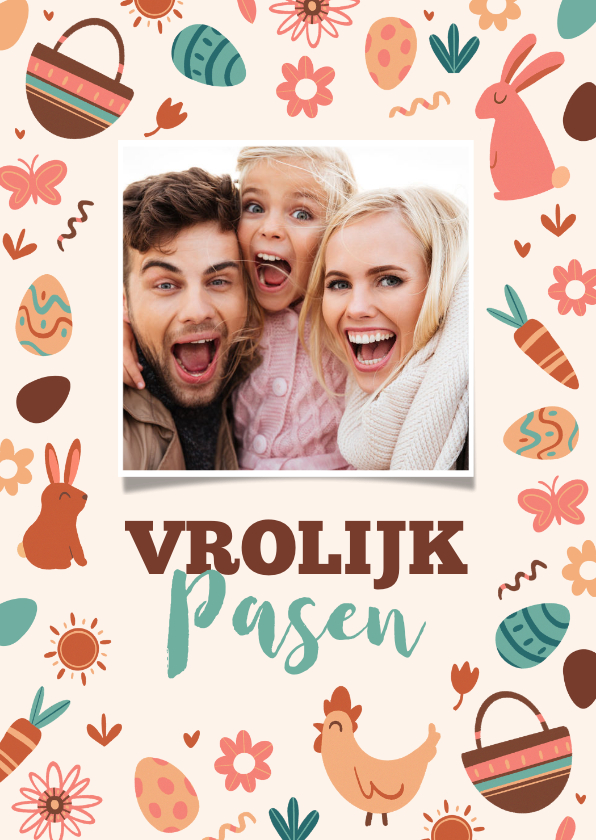 Paaskaarten - Paaskaart vrolijk pasen kip eieren paashaas bloemen foto