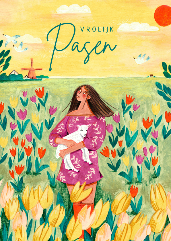 Paaskaarten - Paaskaart vrouw met lammetje in tulpen veld