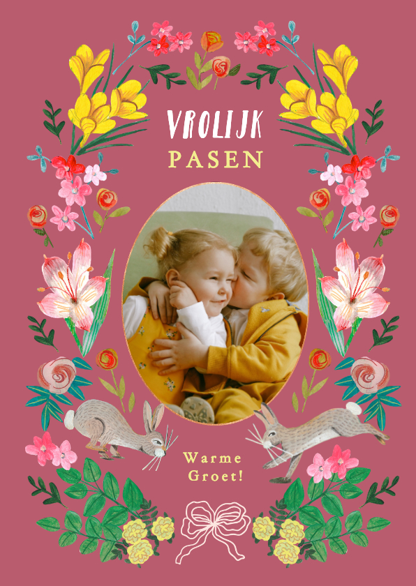 Paaskaarten - Paaskaartje vrolijk pasen paashaasjes en bloemen