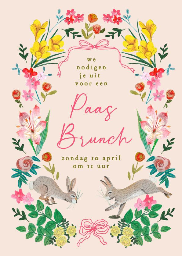 Uitnodiging paasbrunch bloemen en paashaas - Paaskaarten Paaskaarten - Uitnodiging paasbrunch bloemen en paashaas