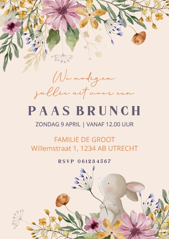Paaskaarten - Uitnodiging paasbrunchkaart met bloemen