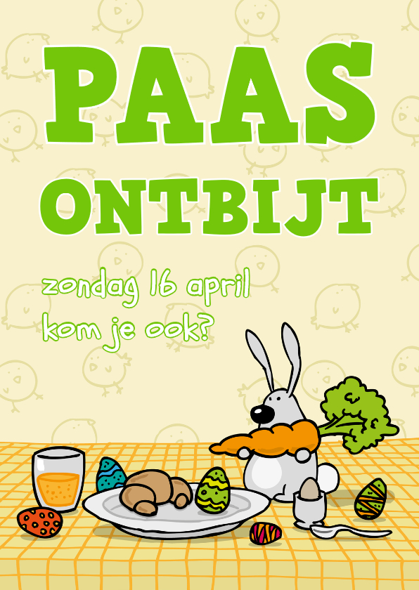 Paaskaarten - Uitnodiging Paasontbijt, -brunch, of -lunch Konijntje