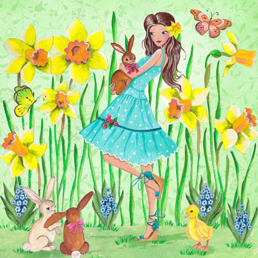 Paaskaarten - Vrolijk Pasen meisje narcissen