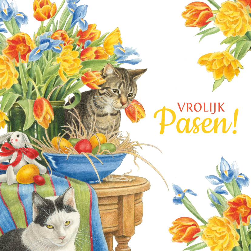 Paaskaarten - Vrolijke paaskaart met poezen en bloemen