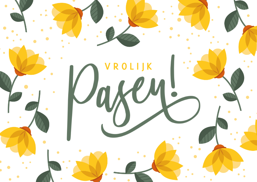 Paaskaarten - Vrolijke strakke paaskaart met gele bloemen en vrolijk pasen