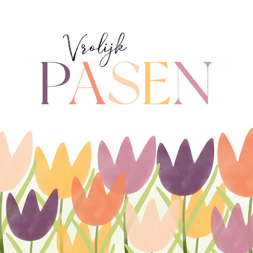 Paaskaarten - Zakelijke paaskaart vrolijk pasen met tulpen roze paars geel