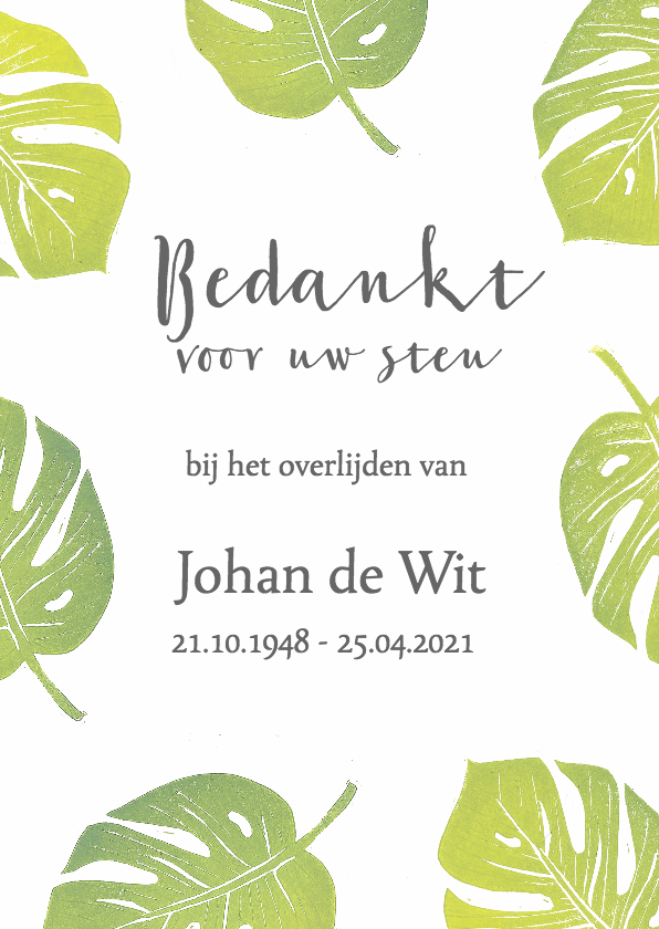 Bedankkaart groene bladeren - Rouwkaarten Rouwkaarten - Bedankkaart groene bladeren