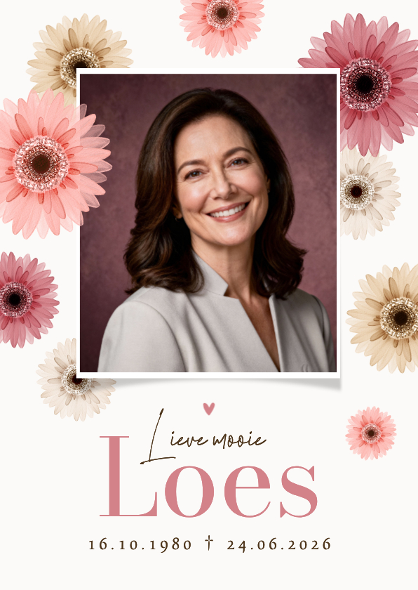 Rouwkaarten - Bidprent herinneringskaart foto gerbera bloemen kleurrijk