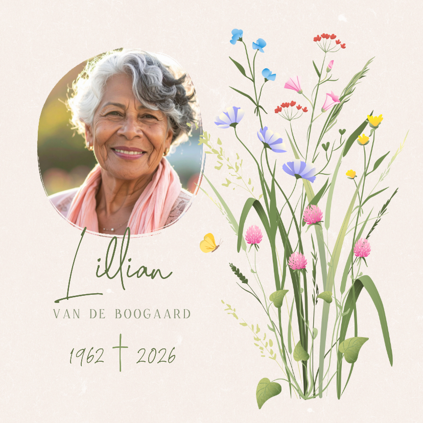 Rouwkaarten - Botanische rouwkaart eigen foto en sierlijke veldbloemen