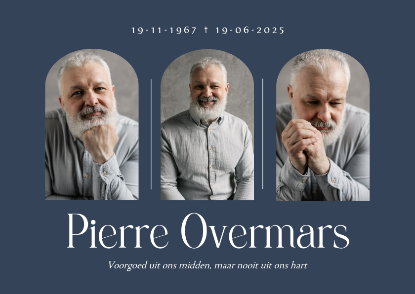 Donkerblauwe rouwkaart met fotos en grote naam - Rouwkaarten Rouwkaarten - Donkerblauwe rouwkaart met fotos en grote naam