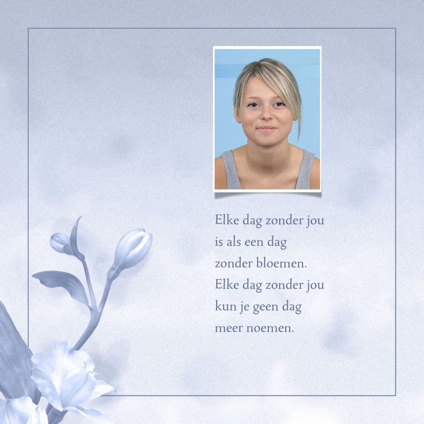 Rouwkaarten - Mooie rouwkaart met bloem op gewassen achtergrond met foto