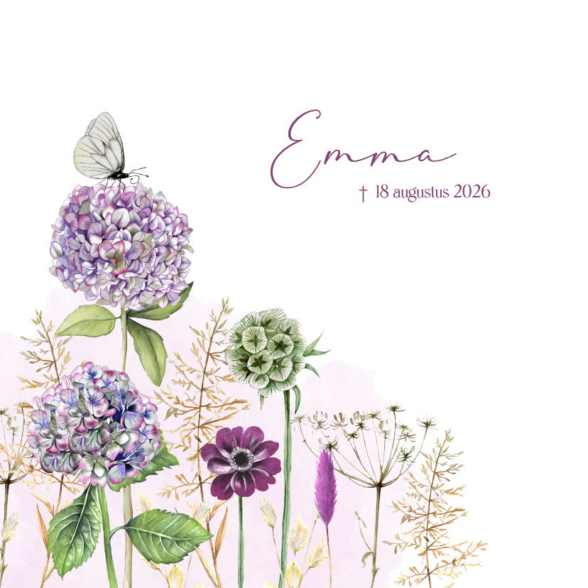 Rouwkaarten - Rouwkaart hortensia's met vlinder