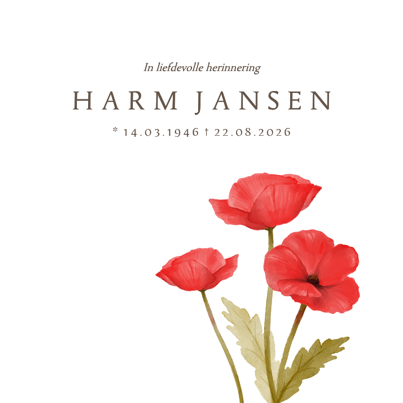 Rouwkaarten - Rouwkaart klaprozen afscheid uitvaart bloemen man vrouw