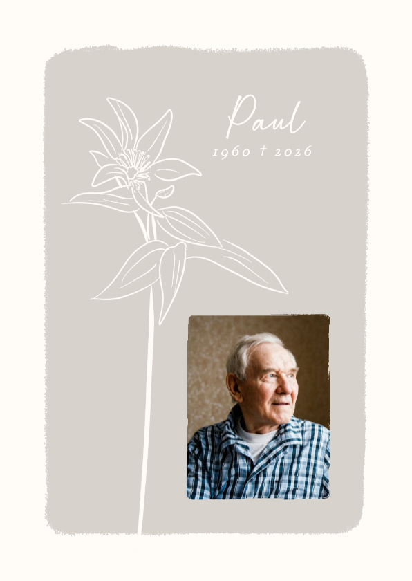 Rouwkaarten - Rouwkaart met foto grijs met illustratie bloem