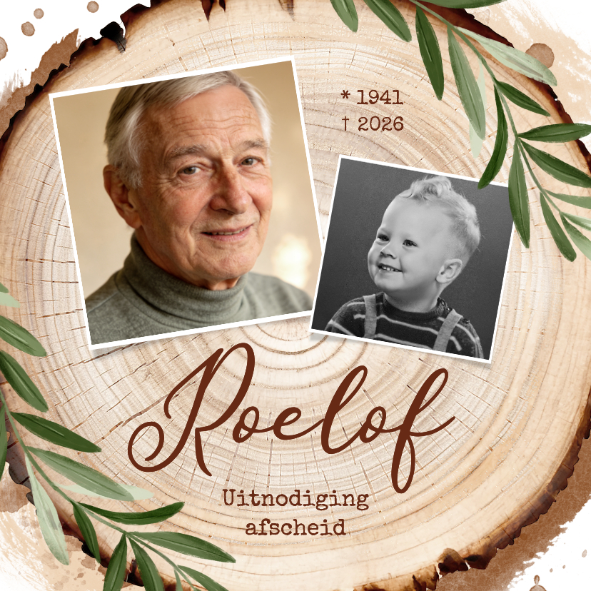 Rouwkaarten - Rouwkaart natuur boomstam jaarringen foto's takje stoer