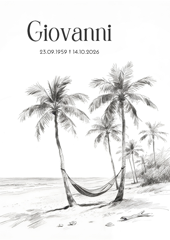 Rouwkaart schets strand met palmbomen hangmat - Rouwkaarten Rouwkaarten - Rouwkaart schets strand met palmbomen hangmat