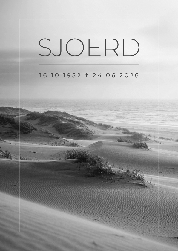 Rouwkaarten - Rouwkaart strand zee duinen zwart wit foto