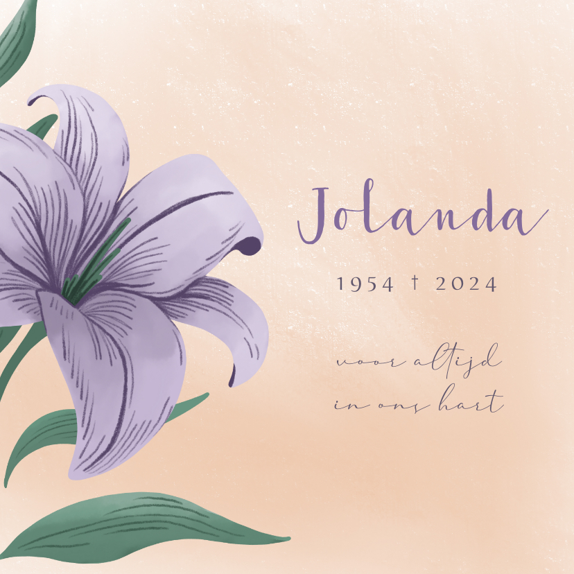 Rouwkaarten - Rouwkaart voor vrouw met illustratie van paarse lelie