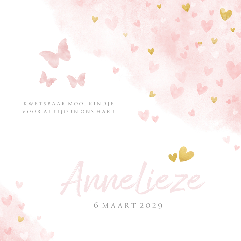 Rouwkaarten - Rouwkaartje met roze en gouden hartjes voor een meisje