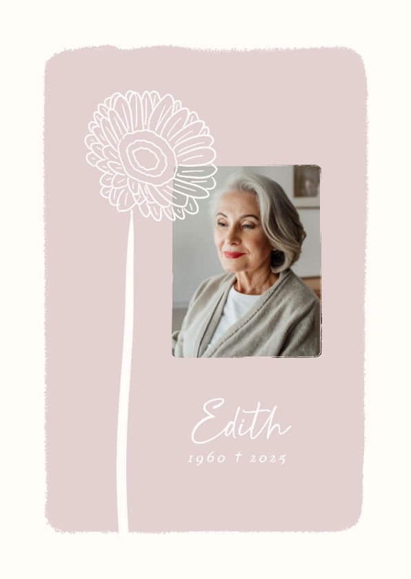 Rouwkaarten - Roze rouwkaart met lijntekening van gerbera