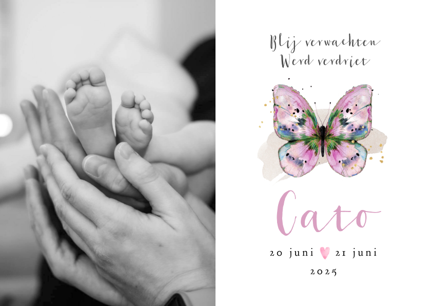 Stijlvol rouwkaartje baby vlinder waterverf roze foto hart - Rouwkaarten Rouwkaarten - Stijlvol rouwkaartje baby vlinder waterverf roze foto hart