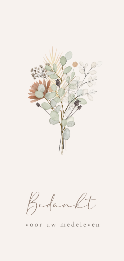 Rouwkaarten - Stijlvolle langwerpige rouw bedankkaart met droogbloemen