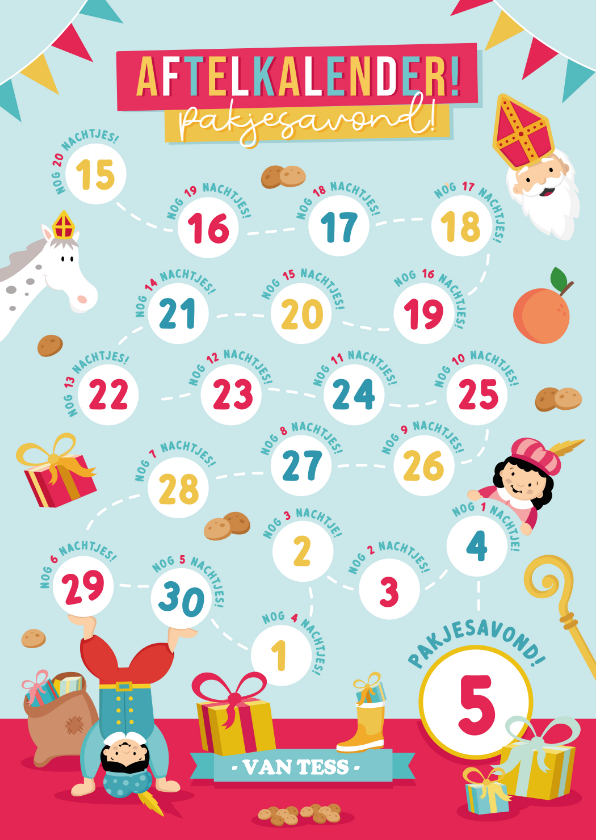 Sinterklaaskaarten - Aftelkaart pakjesavond Sinterklaas voor een kind