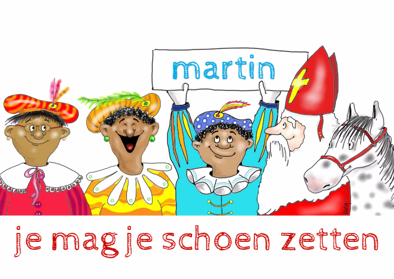 Sint en pieten op een rij - Sinterklaaskaarten Sinterklaaskaarten - Sint en pieten op een rij