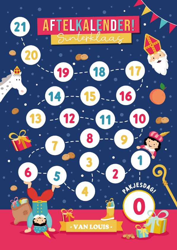 Sinterklaaskaarten - Sinterklaas aftelkalender kaart van 21 naar 0