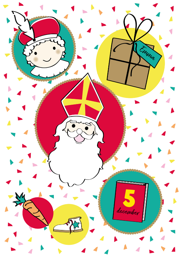Sinterklaas en Piet in cirkels op vrolijke achtergrond - Sinterklaaskaarten Sinterklaaskaarten - Sinterklaas en Piet in cirkels op vrolijke achtergrond