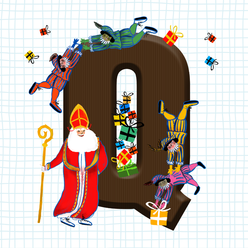 Sinterklaaskaarten - Sinterklaas kaart met chocolade-letter Q