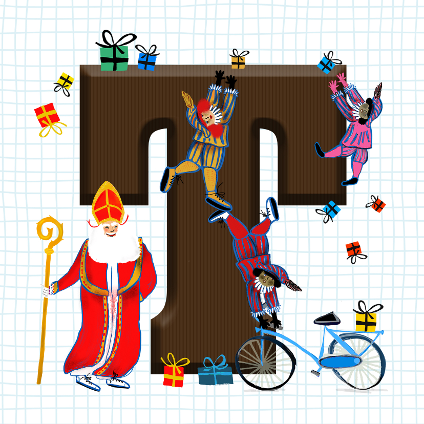 Sinterklaaskaarten - Sinterklaas kaart met chocolade-letter T