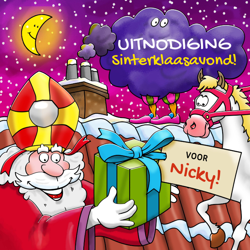 Sinterklaaskaarten - Sinterklaas met paard en Piet in de wolken op het dak