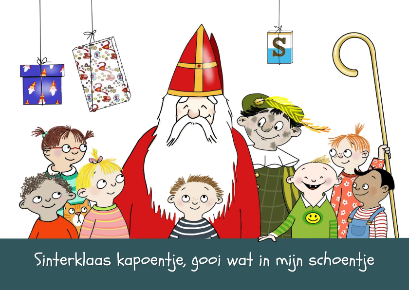 Sinterklaaskaarten - Sinterklaas - Sint en piet met zes kinderen