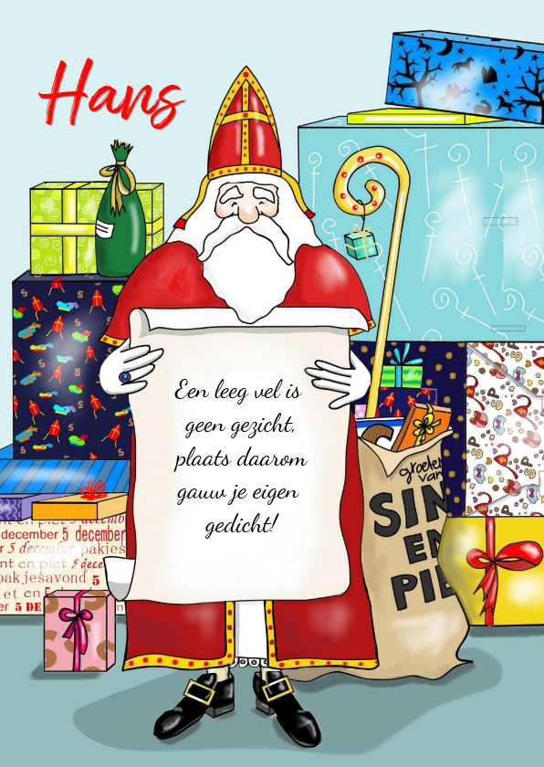 Sinterklaaskaarten - Sinterklaas - Sint met gedicht en een berg pakjes