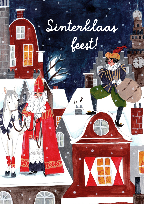 Sinterklaaskaarten - Sinterklaasfeest uitnodiging sint en piet op het dak