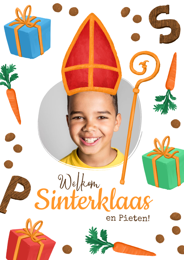 Sinterklaaskaarten - Sinterklaaskaart foto Sint mijter cadeau's pepernoten