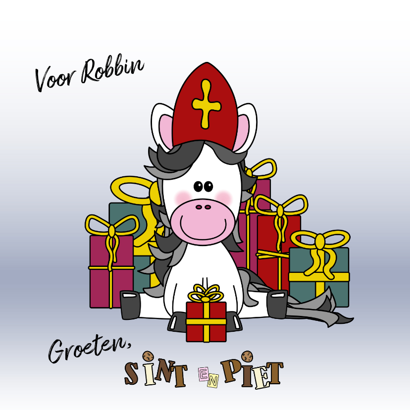 Sinterklaaskaarten - Sinterklaaskaart lief paardje met een mijter en cadeaus