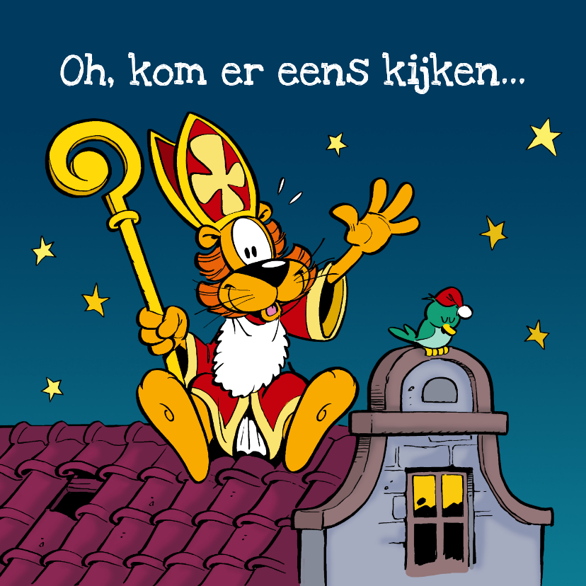 Sinterklaaskaarten - Sinterklaaskaart Loeki als Sinterklaas zit op het dak