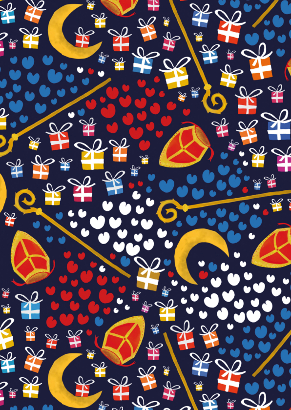 Sinterklaaskaart met kado's, mijters, staf en pompeblêden - Sinterklaaskaarten Sinterklaaskaarten - Sinterklaaskaart met kado's, mijters, staf en pompeblêden
