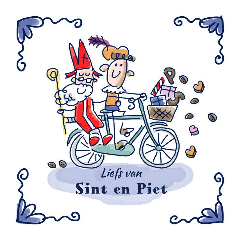 Sinterklaaskaarten - Sinterklaaskaart met sint en piet op de fiets