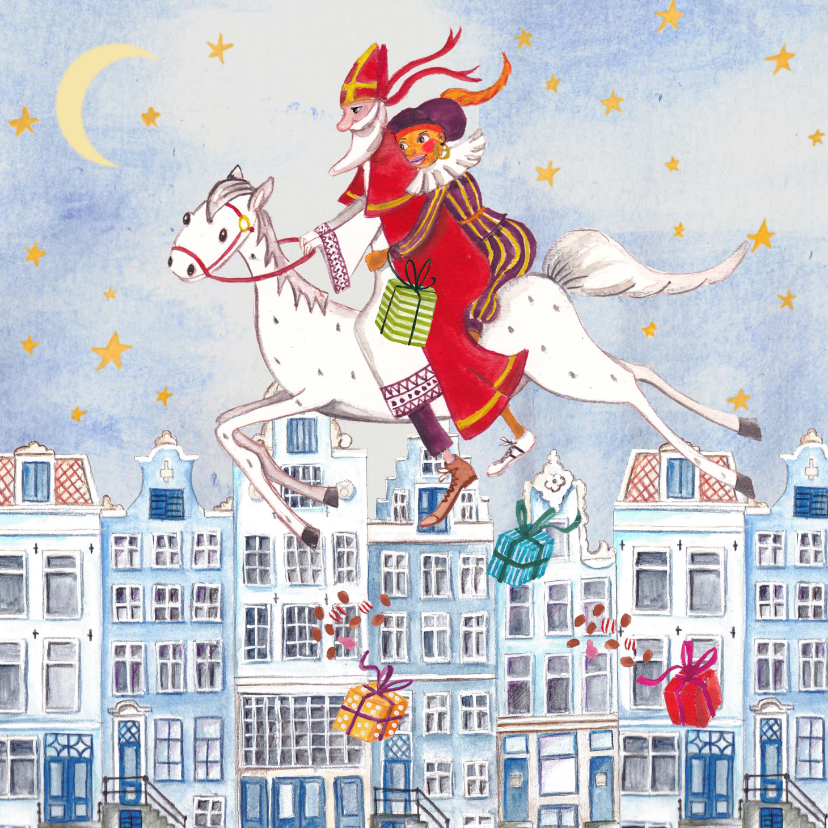 Sinterklaaskaarten - Sinterklaaskaart met Sint en Piet te paard boven de stad