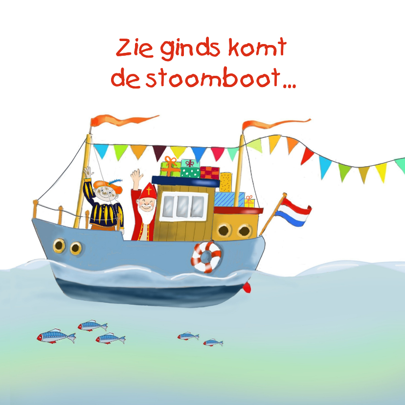 Sinterklaaskaart Sint en Piet in de pakjesboot - Sinterklaaskaarten Sinterklaaskaarten - Sinterklaaskaart Sint en Piet in de pakjesboot