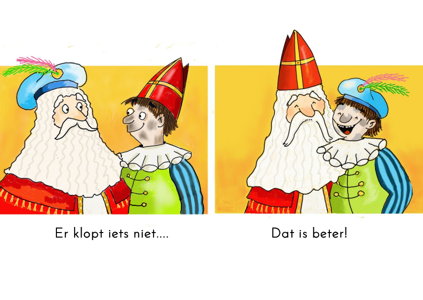 Sinterklaaskaart Sint en Piet met mijter en pietenmuts - Sinterklaaskaarten Sinterklaaskaarten - Sinterklaaskaart Sint en Piet met mijter en pietenmuts