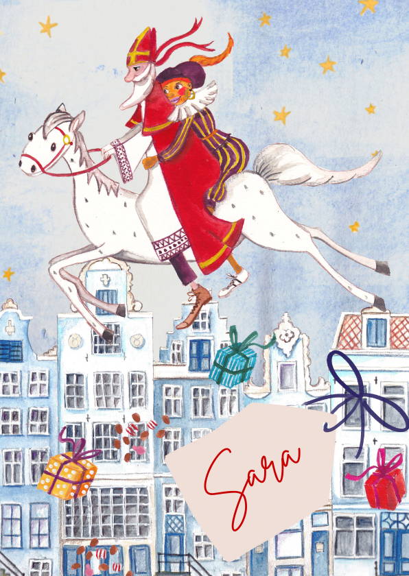 Sinterklaaskaarten - Sinterklaaskaart Sint en Piet op Ozosnel hoog boven de daken