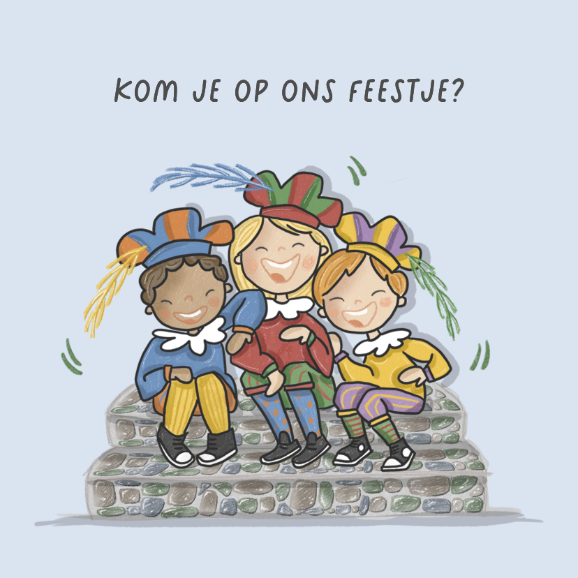 Sinterklaaskaart uitnodiging feest lachende Pietjes - Sinterklaaskaarten Sinterklaaskaarten - Sinterklaaskaart uitnodiging feest lachende Pietjes