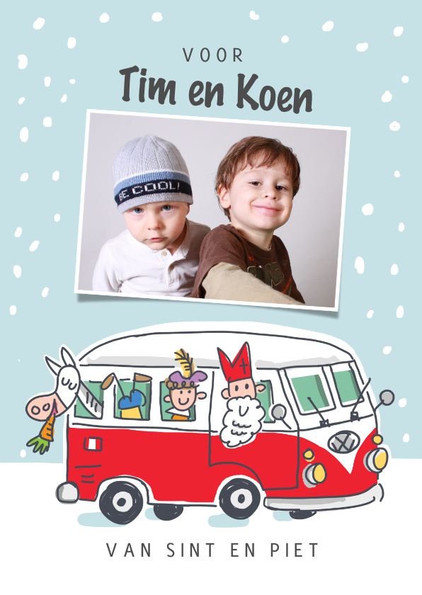 Sinterklaaskaart volkswagenbus met sint en pieten en foto - Sinterklaaskaarten Sinterklaaskaarten - Sinterklaaskaart volkswagenbus met sint en pieten en foto